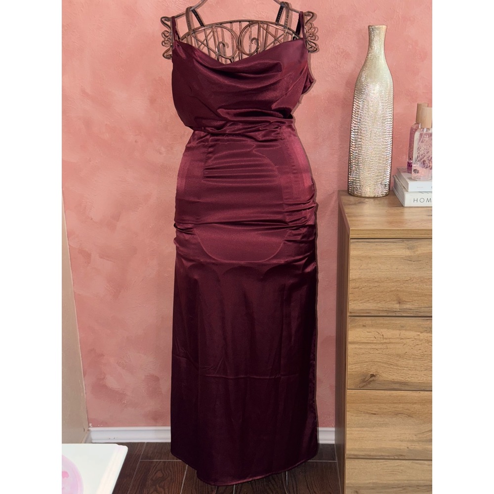 Forever 21 Burgundy Satin Cowl Neck Ruched Maxi Dress Front Slit Womens Size M